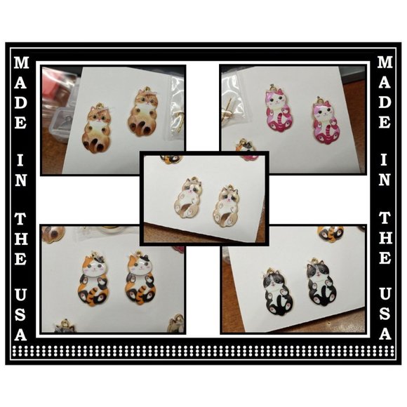 NEW Kitty Cat Interchangeable Charm Earrings 5 Pairs In 1 Set Stainless Steel - Picture 2 of 6